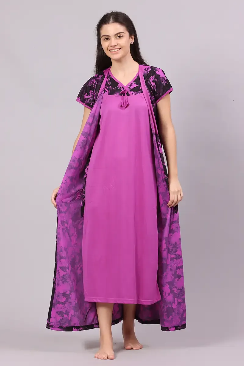 Polyester Floral Print Nighty with Robe for Women
