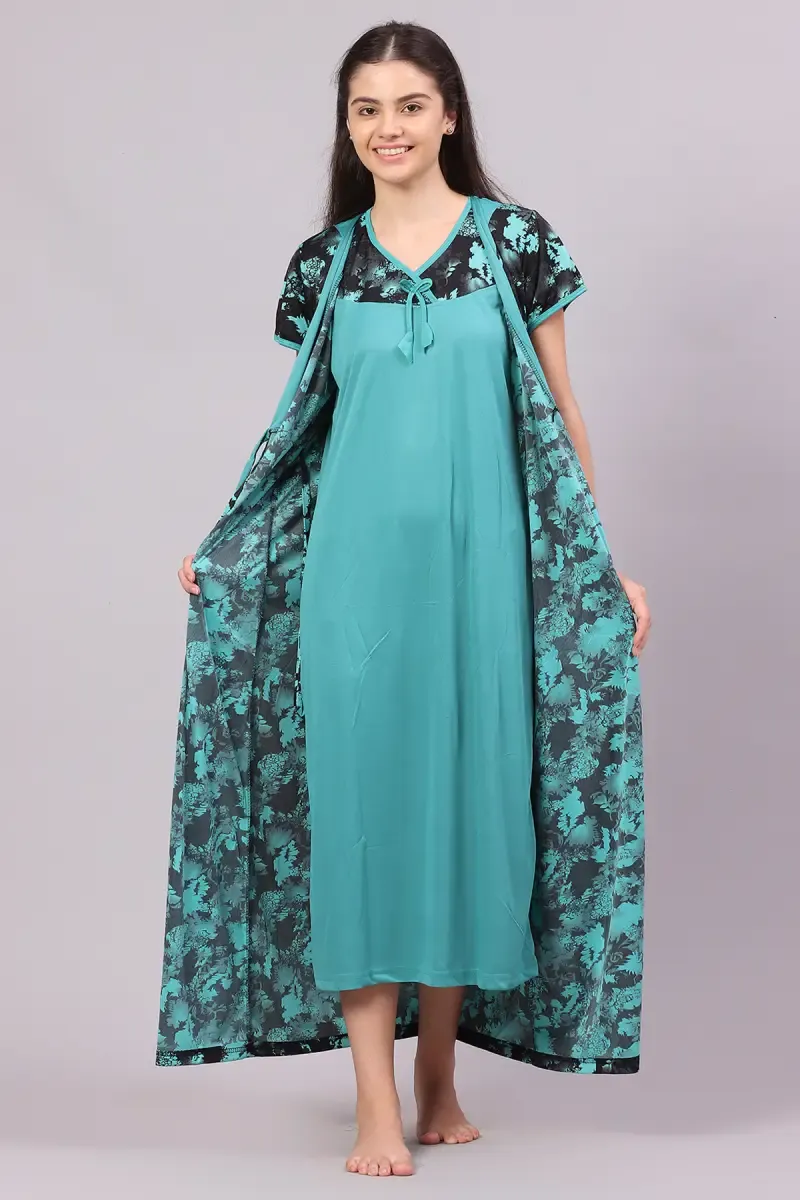 Polyester Floral Print Nighty with Robe for Women