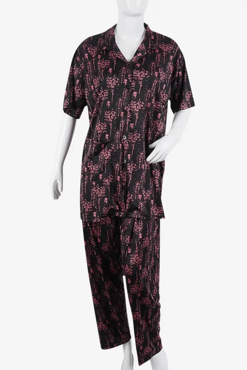 Crepe Botanical Print Shirt with Pyjama Set for Women 016128PIN3XL