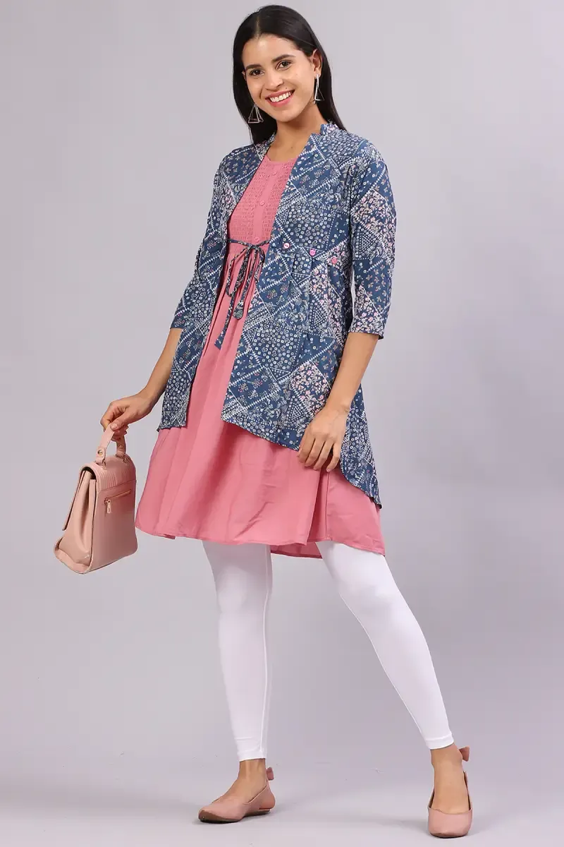 Georgette Printed Kurti With Over Coat For Women