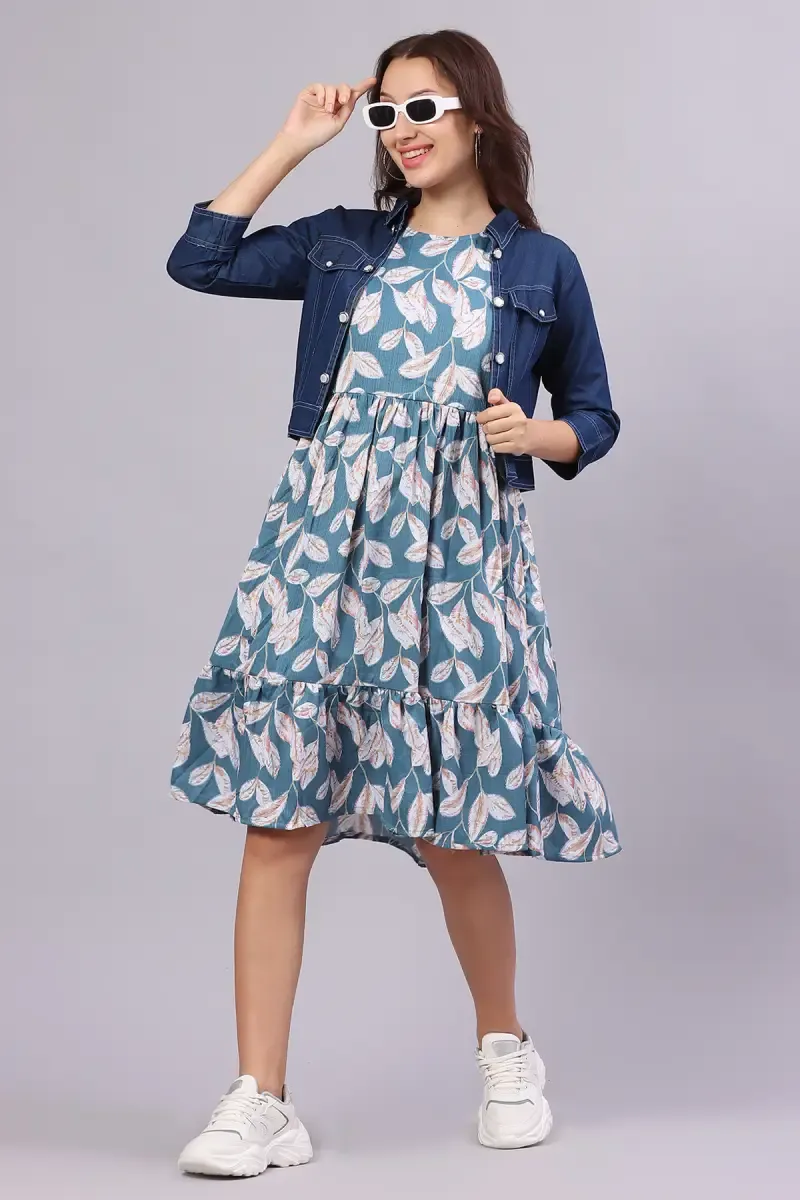 Georgette Printed Dress with Over Coat for Women  016198LSTEBLU