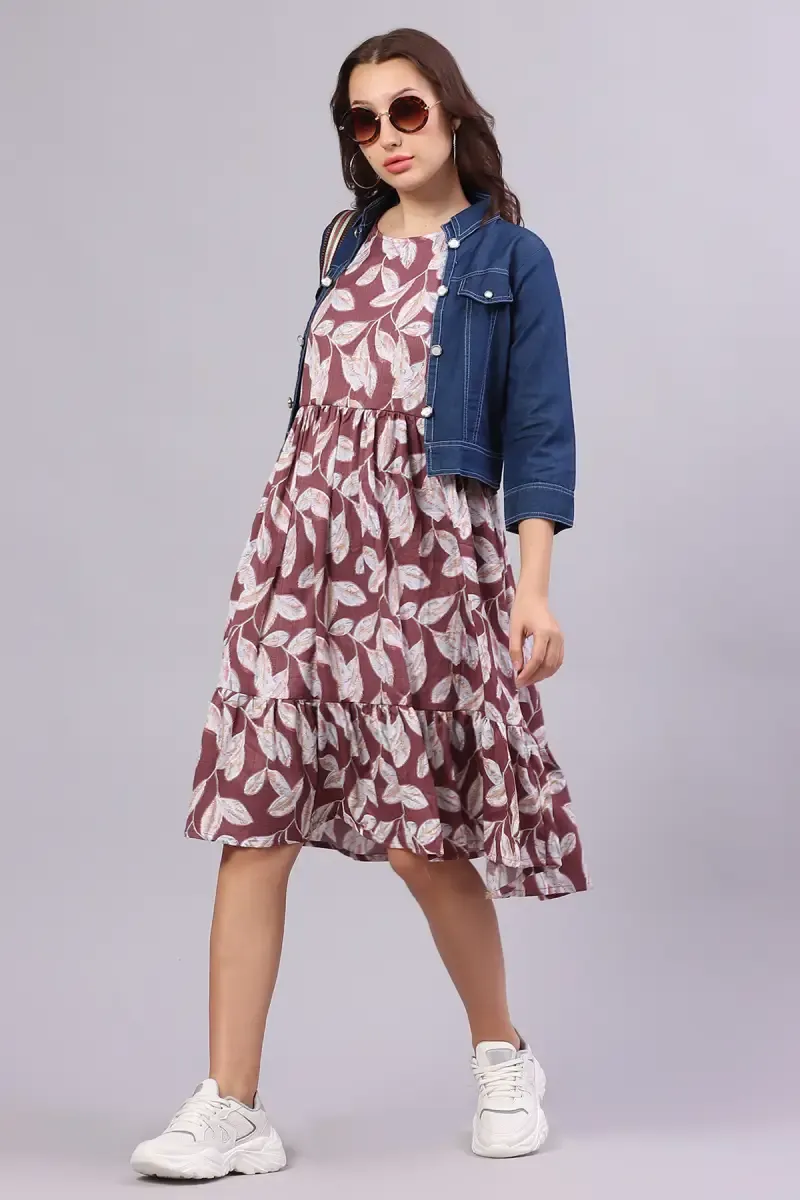 Georgette Printed Dress with Over Coat for Women