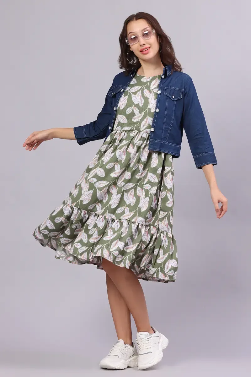 Georgette Printed Dress with Over Coat for Women