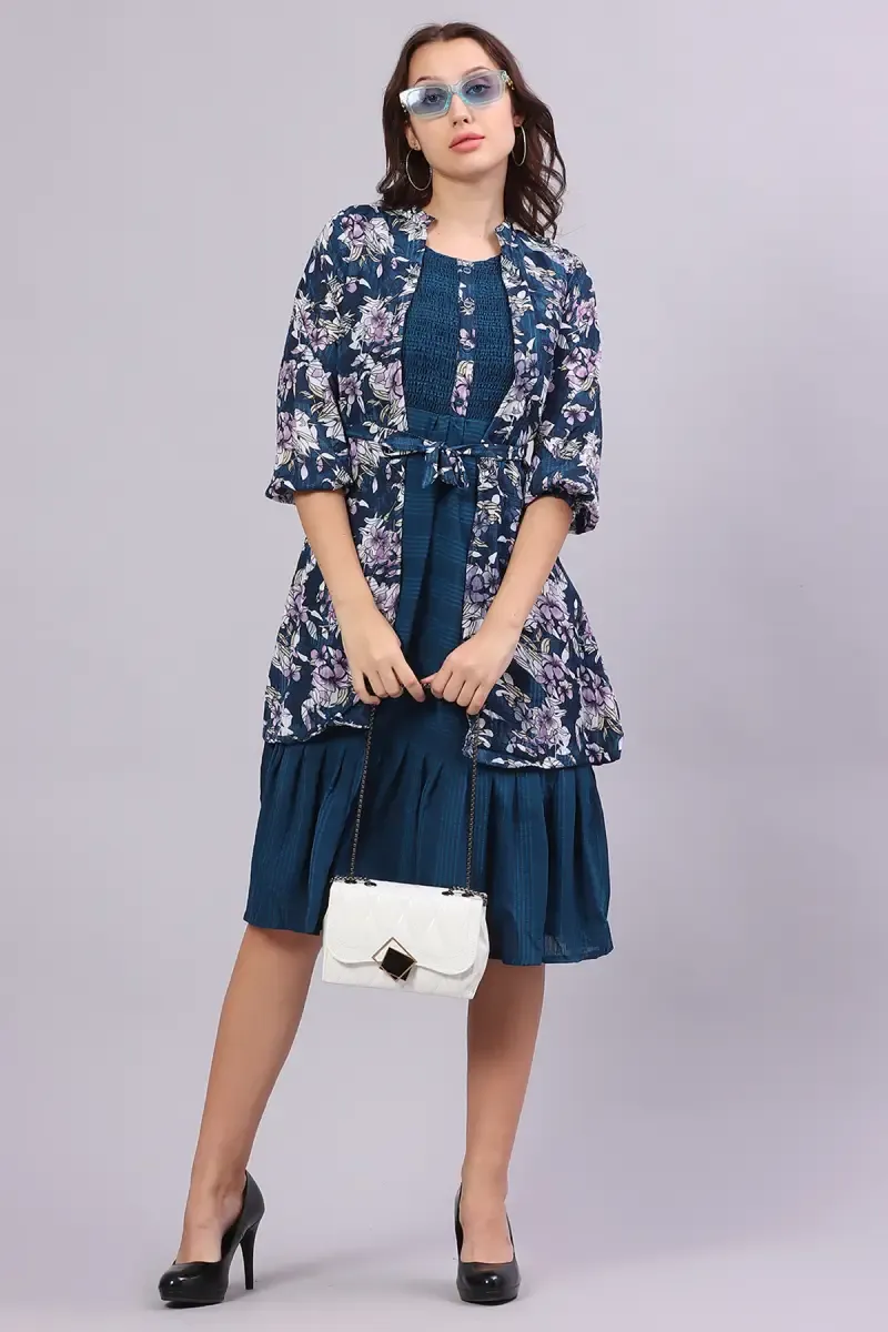 Women's Georgette Botanical Printed Dress 016266TEAL