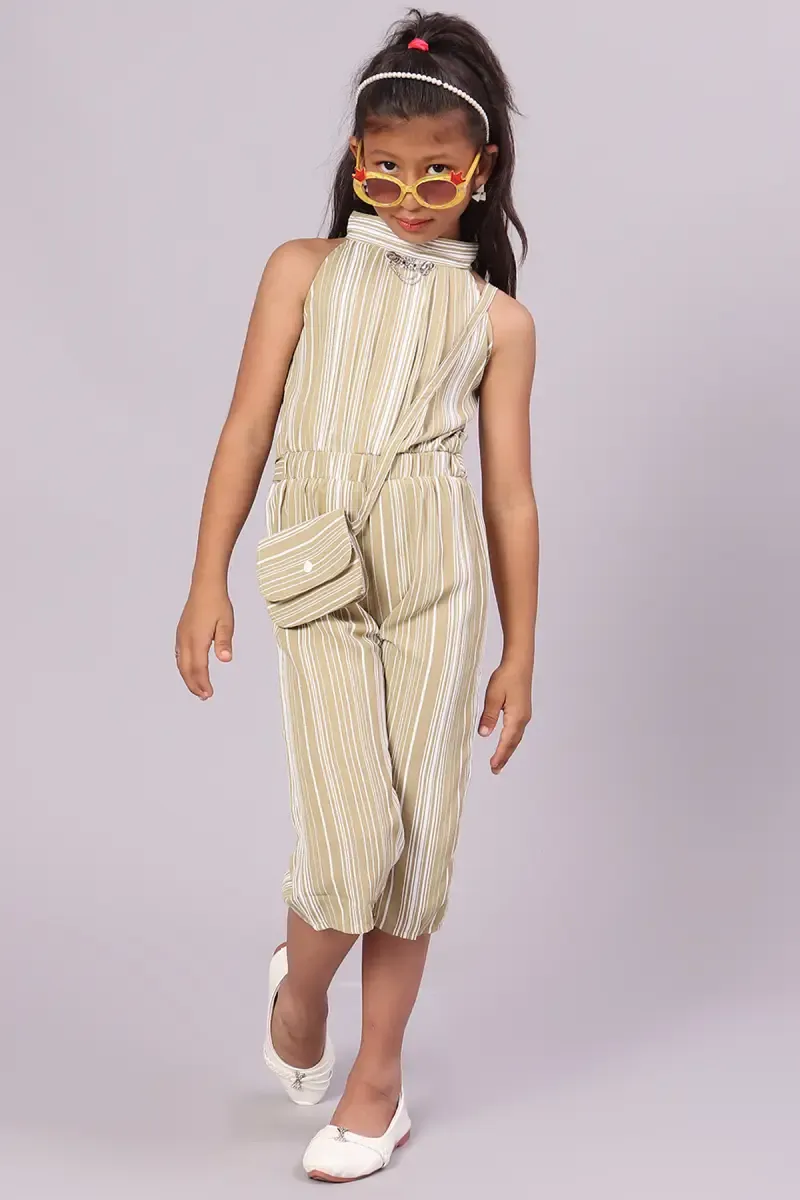 Girl's Polyester Striped Pattern Jumpsuit (3 - 16 Yrs) 016272OLI910YRS