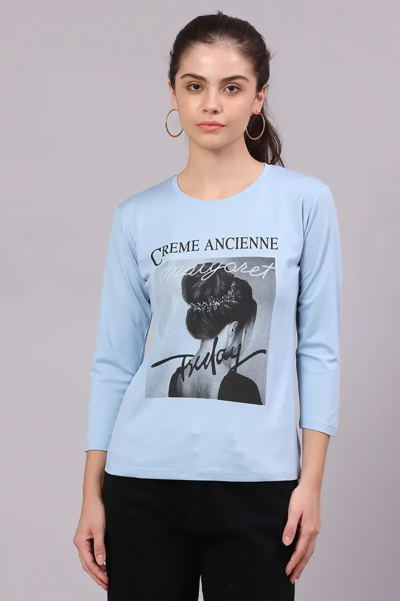 Cotton Lycra Graphic Printed T-Shirt for Women 016306LBLU