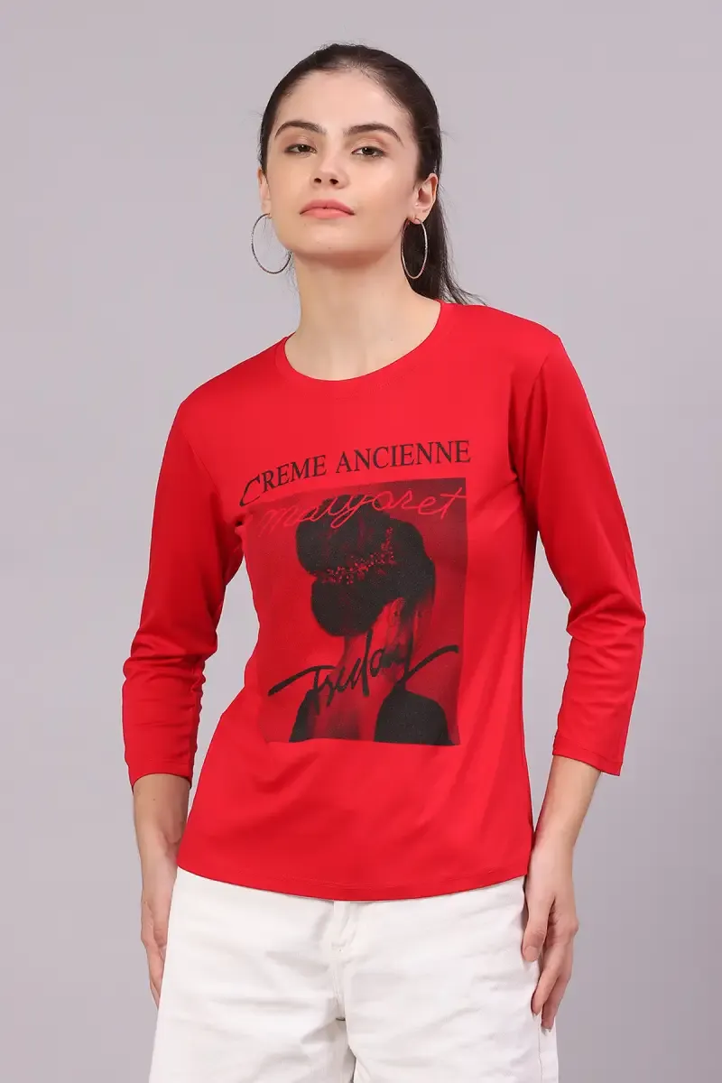 Cotton Lycra Graphic Printed T-Shirt for Women 016306LRED