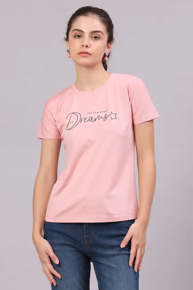 Cotton Lycra Typographic Printed T-Shirt for Women 016307XXLBABPIN