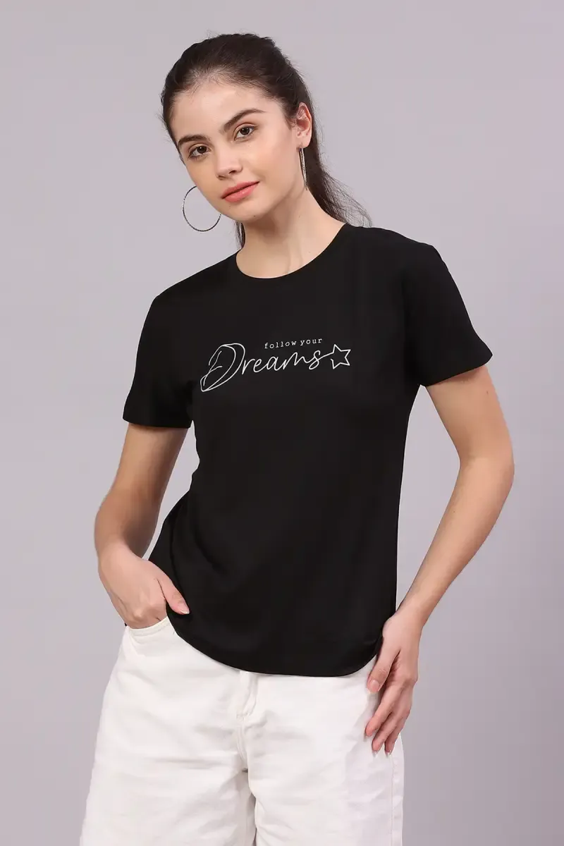 Cotton Lycra Typographic Printed T-Shirt for Women 016307LBLA