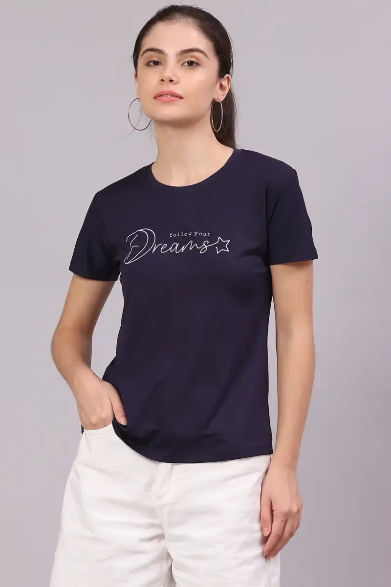 Cotton Lycra Typographic Printed T-Shirt for Women 016307XXLNAVBLU