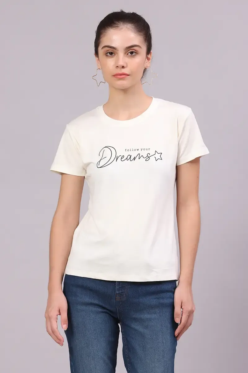 Cotton Lycra Typographic Printed T-Shirt for Women 016307XXLOFFWHI