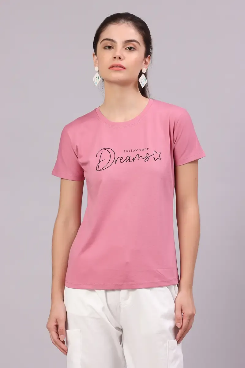 Cotton Lycra Typographic Printed T-Shirt for Women 016307LPIN
