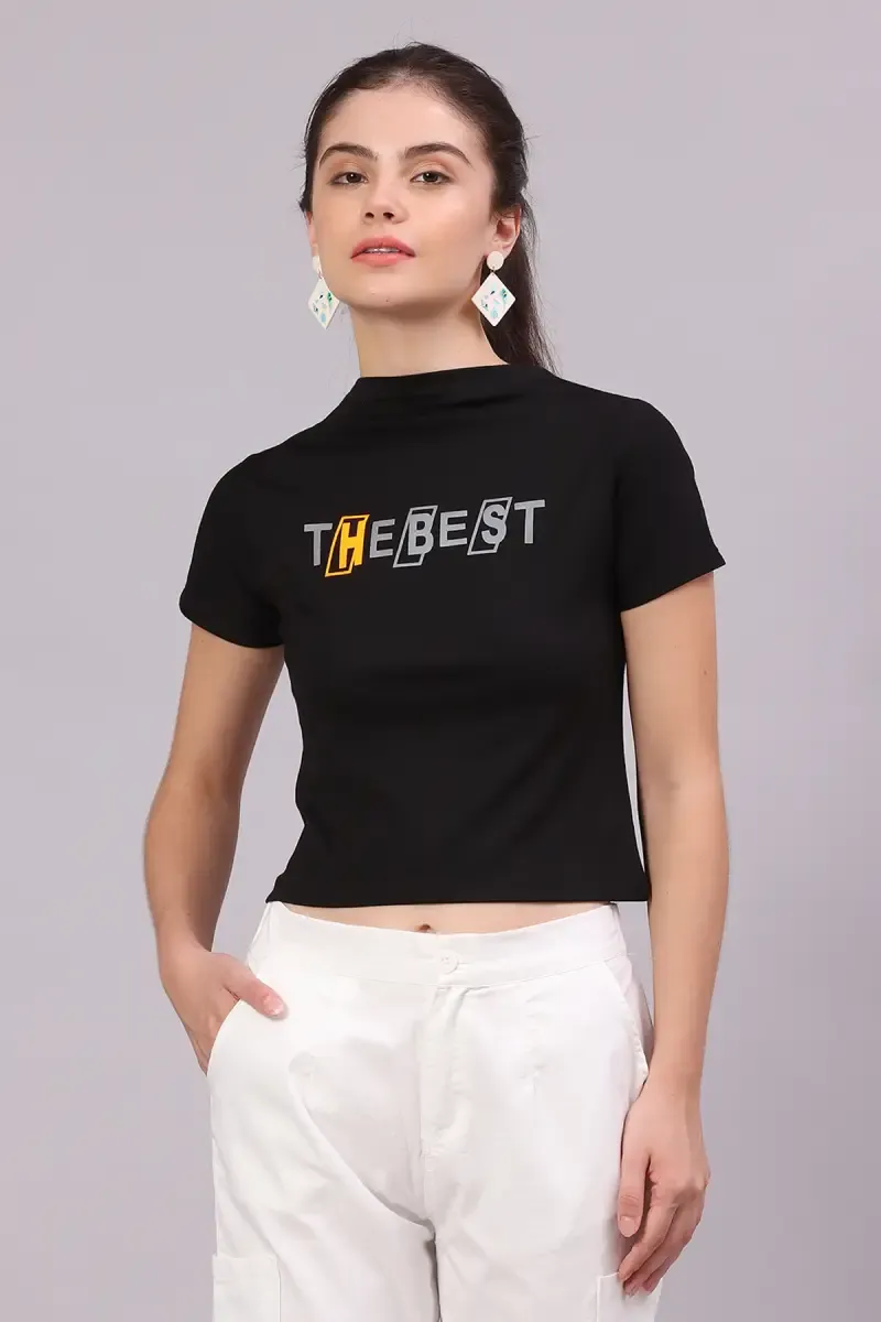 Cotton Lycra Typographic Printed T-Shirt for Women 016311XXLBLA