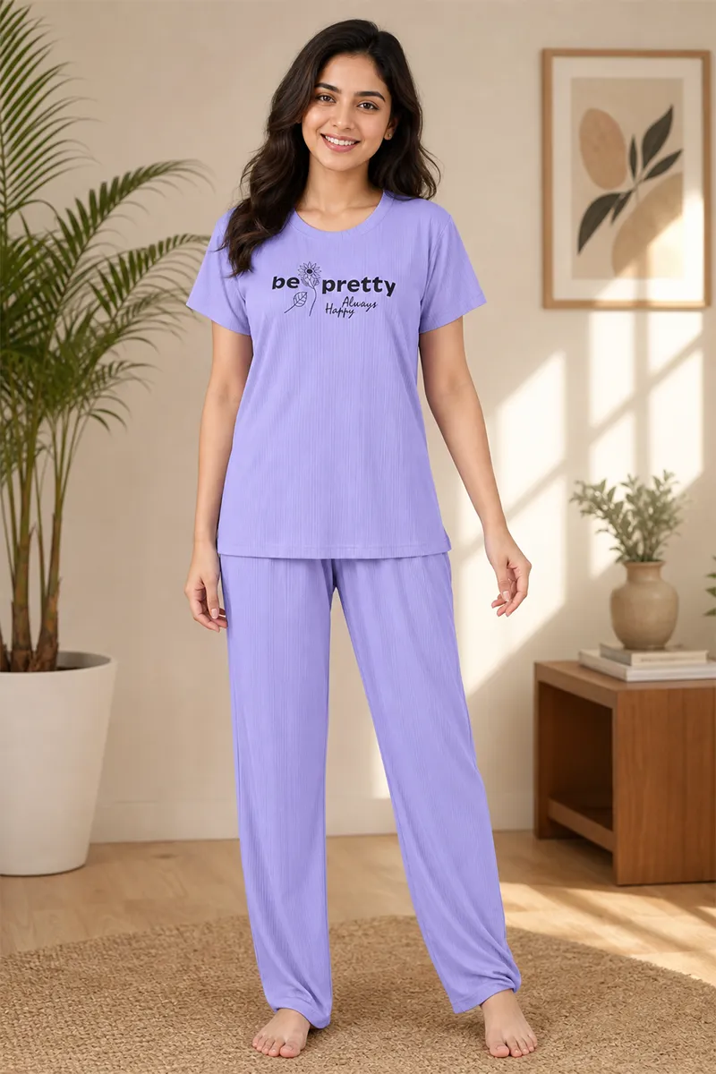 Lycra Typographic Print T-Shirt with Pyjama Set for Women 016390LAVXXL