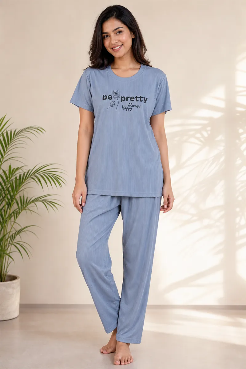 Lycra Typographic Print T-Shirt with Pyjama Set for Women 016390LIGGREXXL