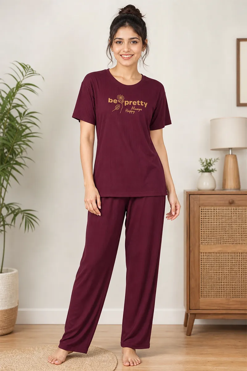 Lycra Typographic Print T-Shirt with Pyjama Set for Women 016390MARXL