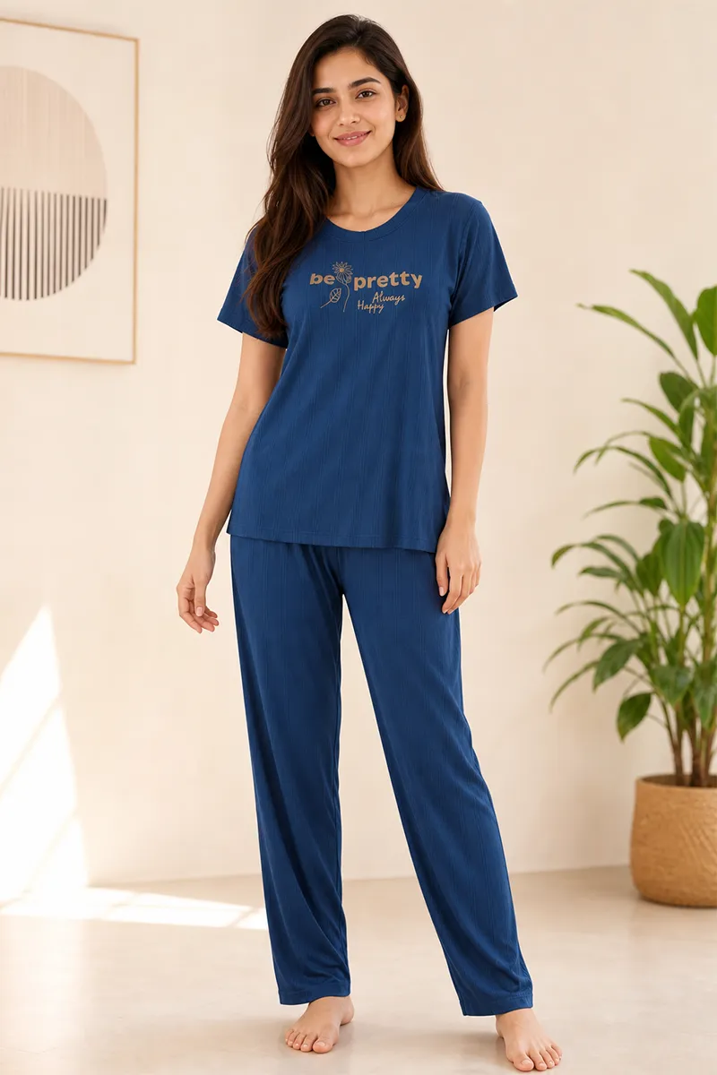 Lycra Typographic Print T-Shirt with Pyjama Set for Women 016390TEAXXL