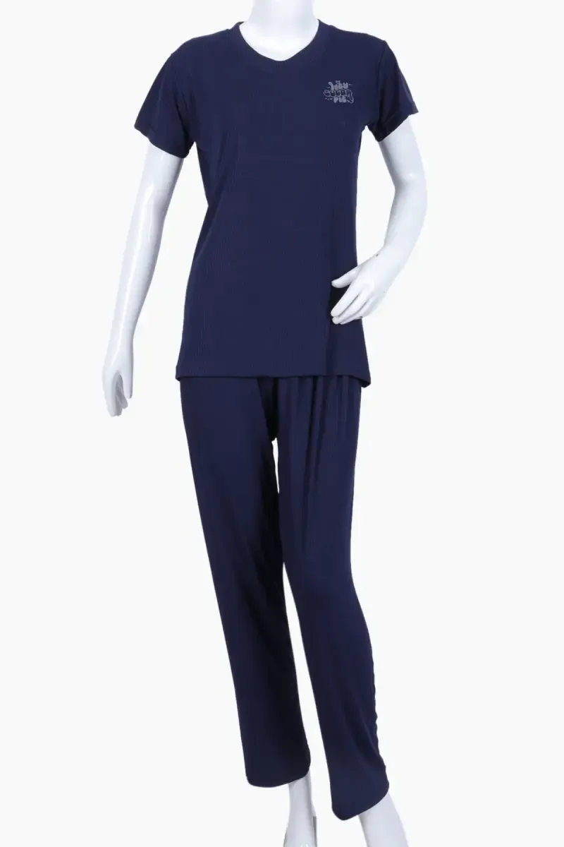 Lycra Solid T-Shirt with Pyjama Set for Women 016391NAVBLUXXL
