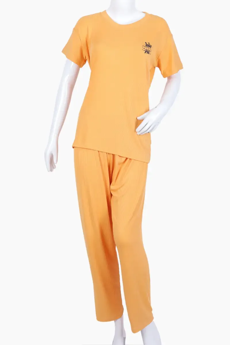 Lycra Solid T-Shirt with Pyjama Set for Women 016391YELXL