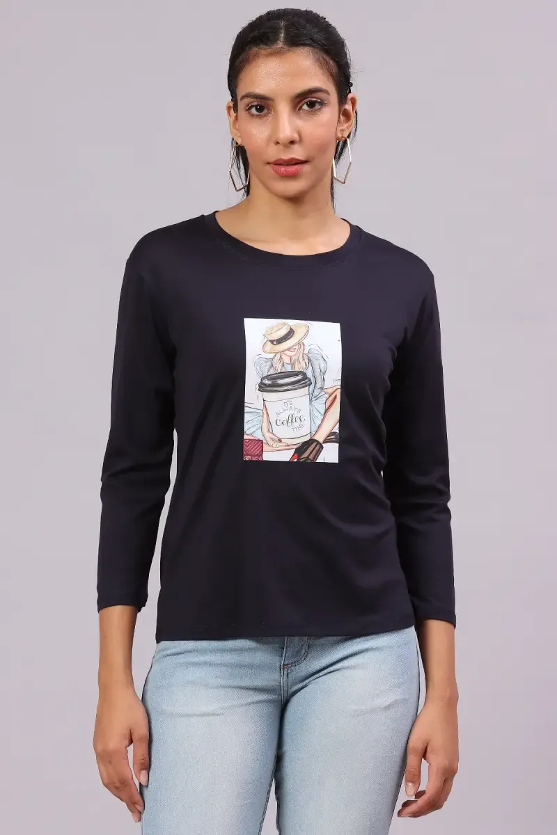 Cotton Lycra Graphic Printed T-Shirt for Women 016414XXLNAVBLU