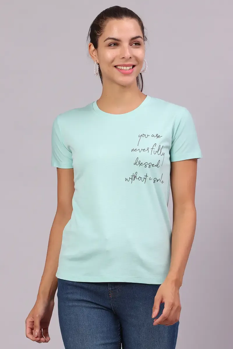 Cotton Lycra Typographic Printed T-Shirt for Women 016417LLIGGRE