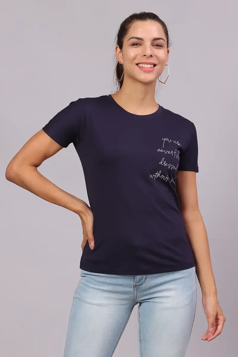 Cotton Lycra Typographic Printed T-Shirt for Women 016417XXLNAVBLU