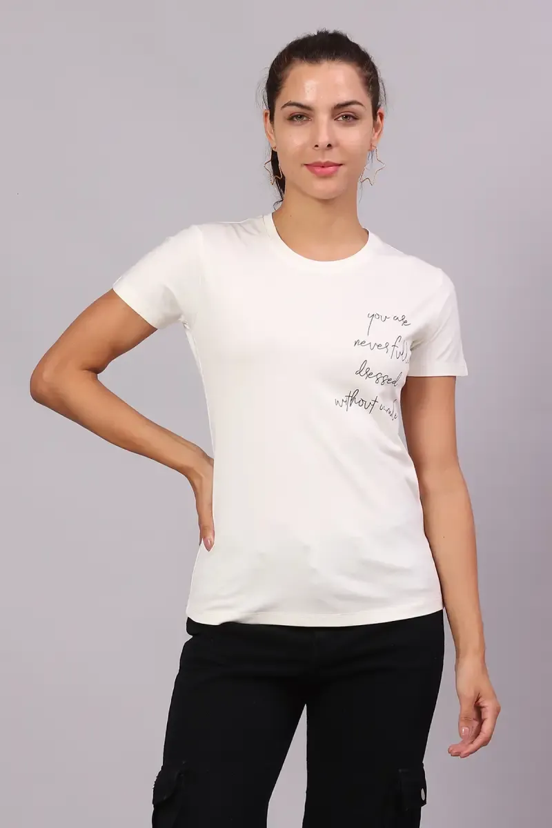 Cotton Lycra Typographic Printed T-Shirt for Women 016417LOFFWHI