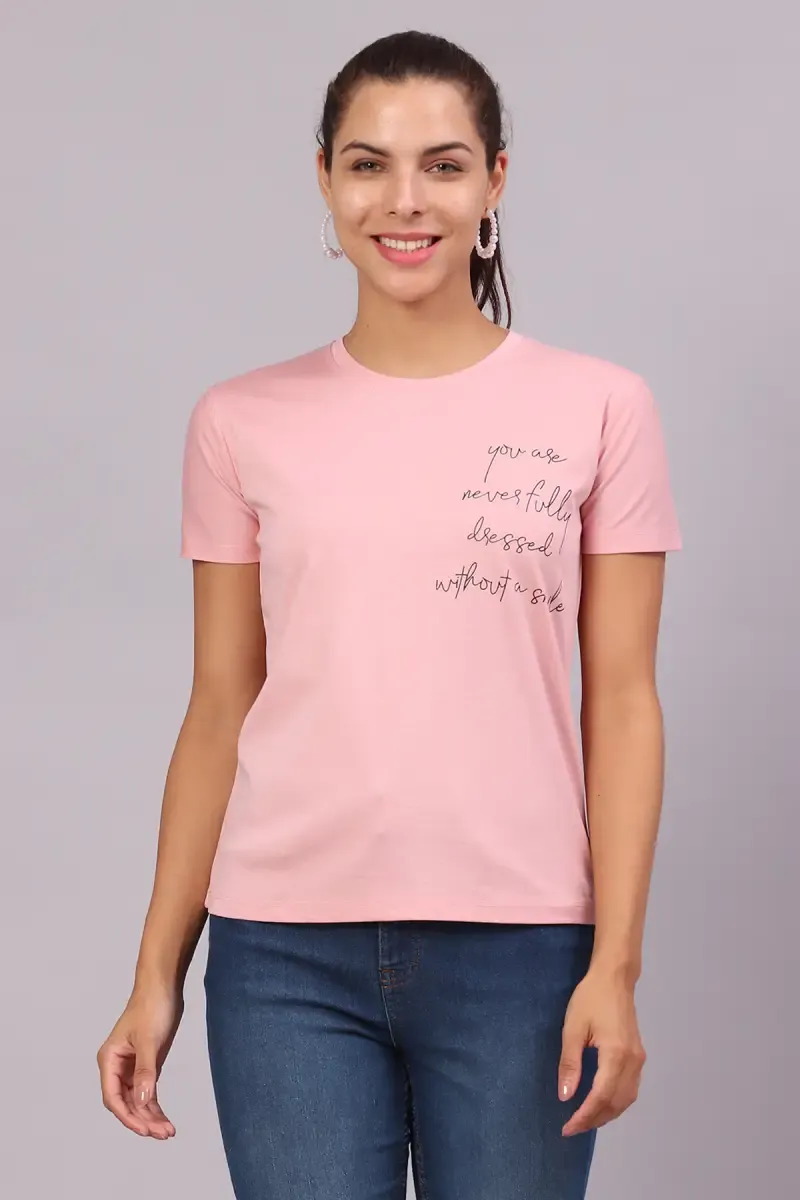 Cotton Lycra Typographic Printed T-Shirt for Women 016417LPIN