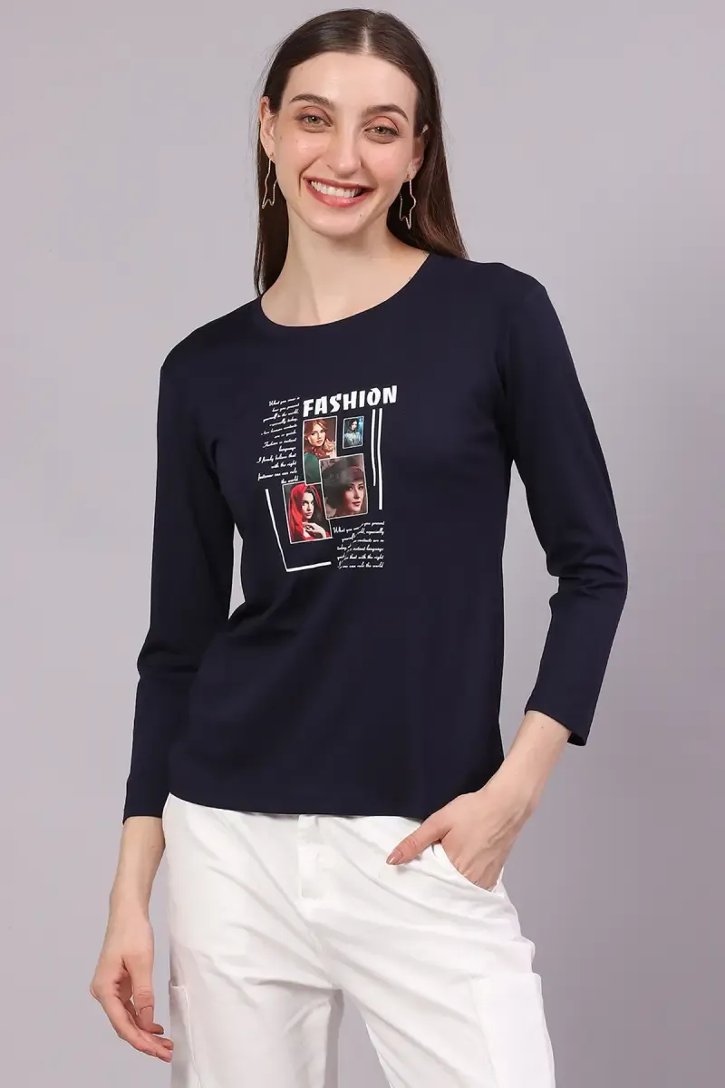Cotton Lycra Graphic Printed T-Shirt for Women 016421XLNAVBLU