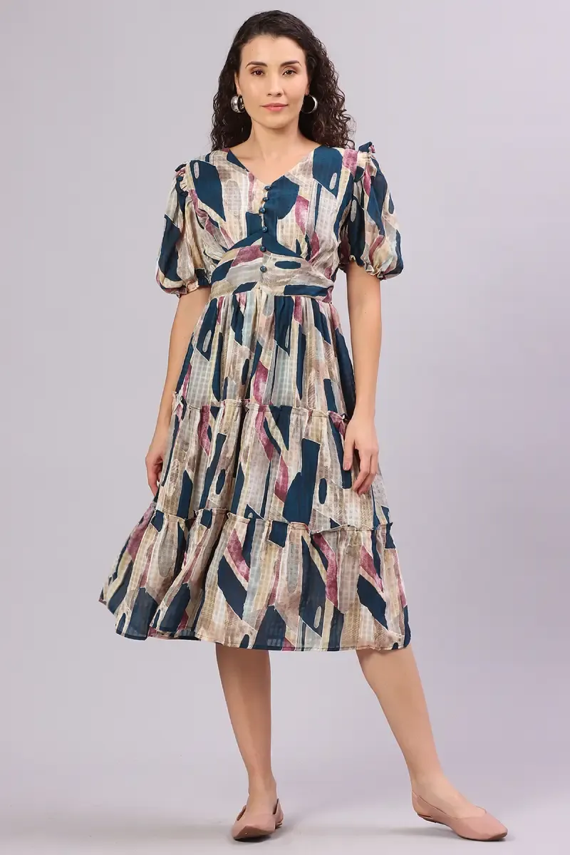 Women's Georgette Abstract Printed Dress 016445TEAXXL