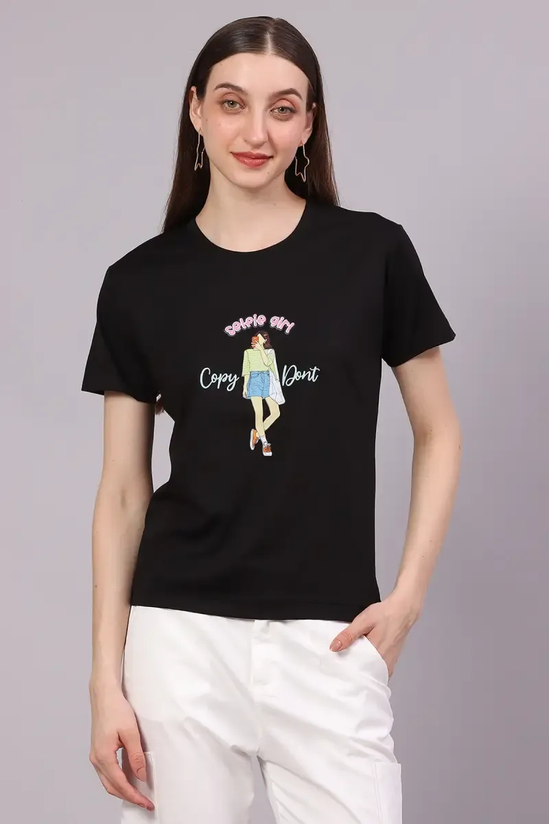 Cotton Lycra Graphic Printed T-Shirt for Women 016485XXLBLA