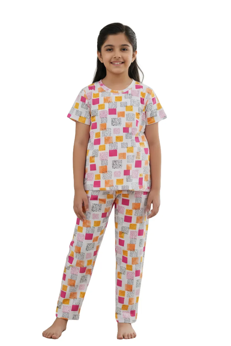 Girl's Polyester Geometric Printed Pyjama Set 016497PIN131YRS