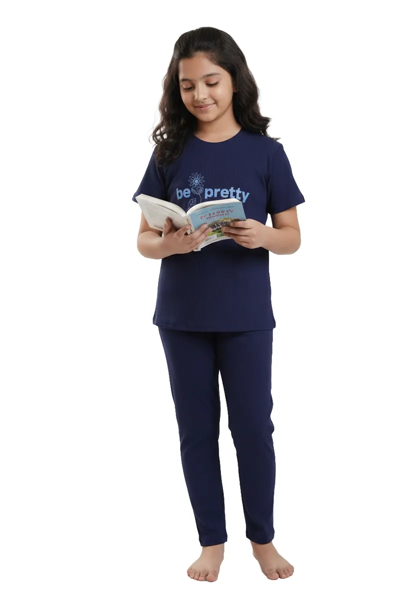 Girl's Polyester Printed Pyjama Set 016503NAVBLU78YRS
