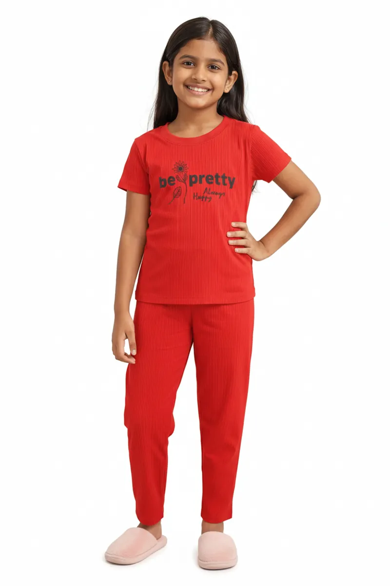 Girl's Polyester Printed Pyjama Set 016503RED78YRS