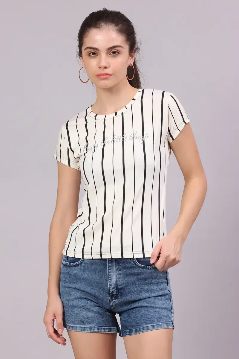 Cotton Lycra Striped T-Shirt for Women 016504XXLBLA