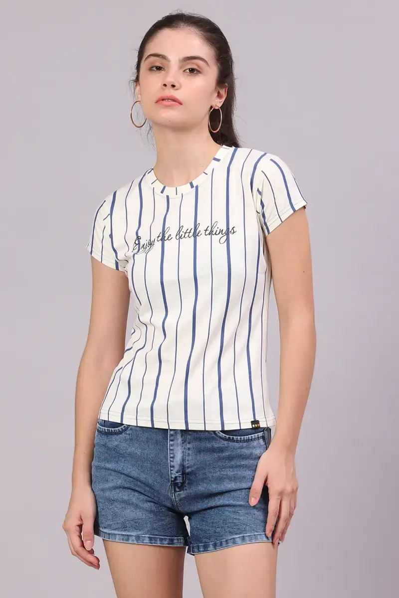 Cotton Lycra Striped T-Shirt for Women 016504XXLDARBLU