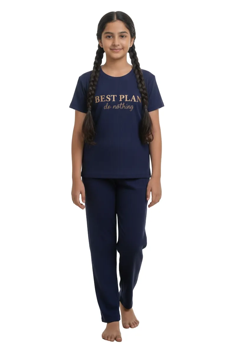 Girl's Polyester Printed Pyjama Set  016505NAVBLU131YRS