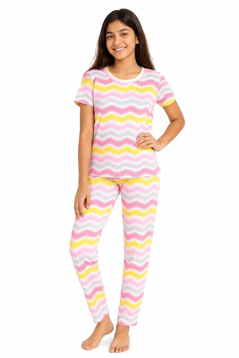 Girl's Polyester Chevron Printed Pyjama Set 016513PIN78YRS