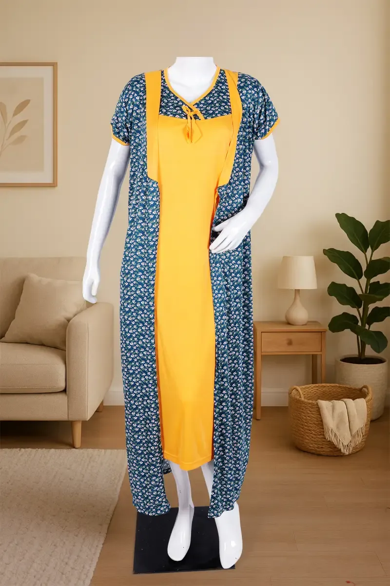 Polyester Floral Printed Nighty with Robe for Women 016530YELFRESIZ