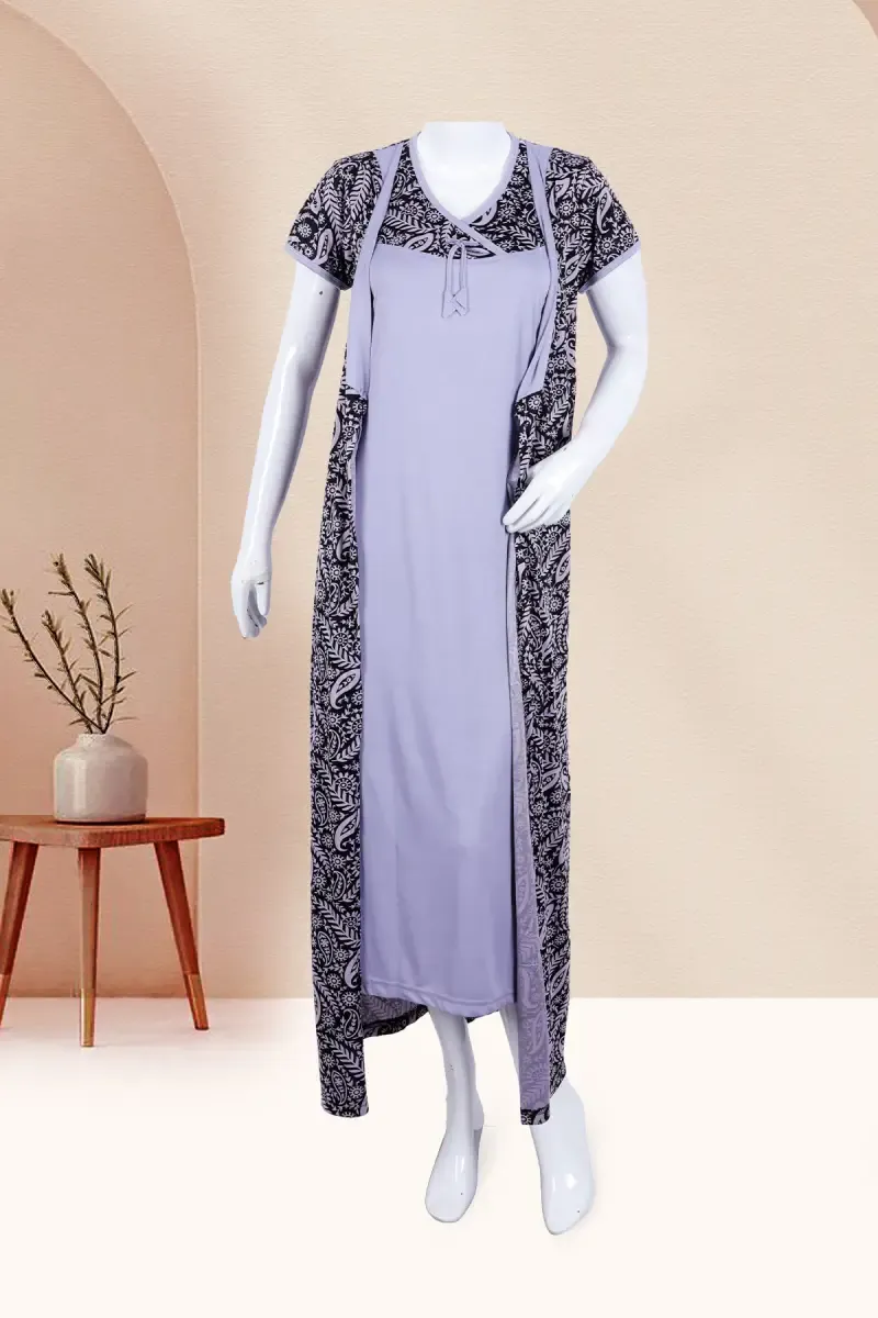 Polyester Printed Nighty with Robe for Women 016532LAVFRESIZ