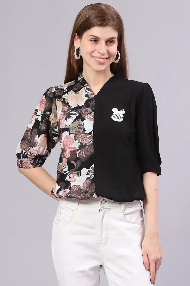 Georgette Cut & Sew Floral Print Top for Women 01655840BLA