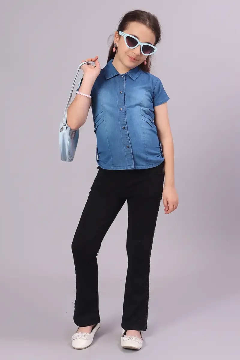Girl's Denim Solid Polo Shirt (4 - 17 Yrs)