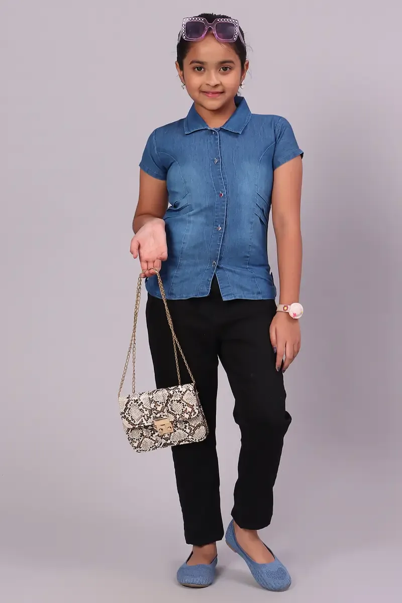 Girl's Denim Solid Shirt Style Tops (4 - 17 Yrs)