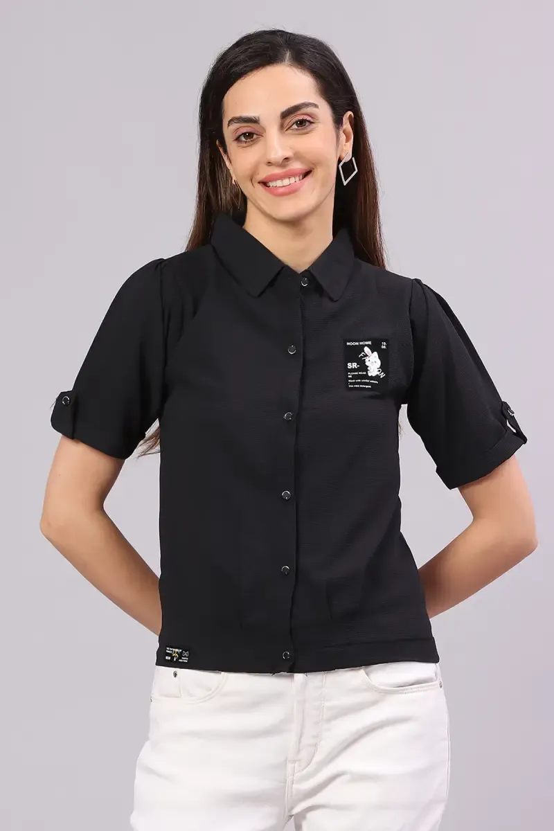 Georgette Solid Shirt Style Top for Women 01659438BLA