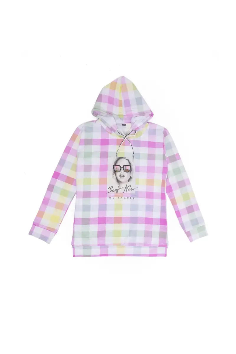 Polyester Checked Hoodie for Girls 016688PUR1112YRS
