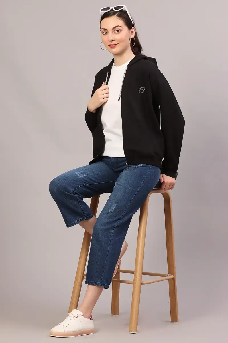 Cotton Solid Zip-Through Hoodie for Women