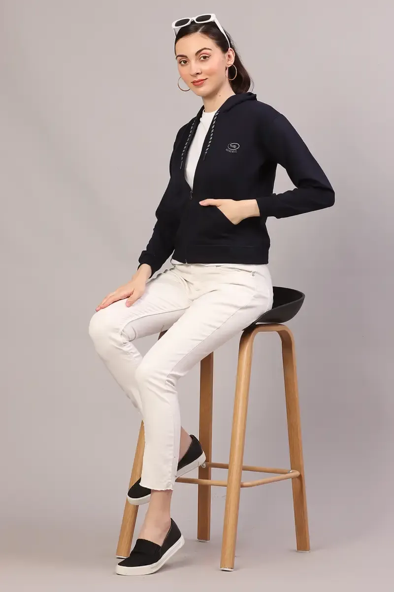Cotton Solid Zip-Through Hoodie for Women