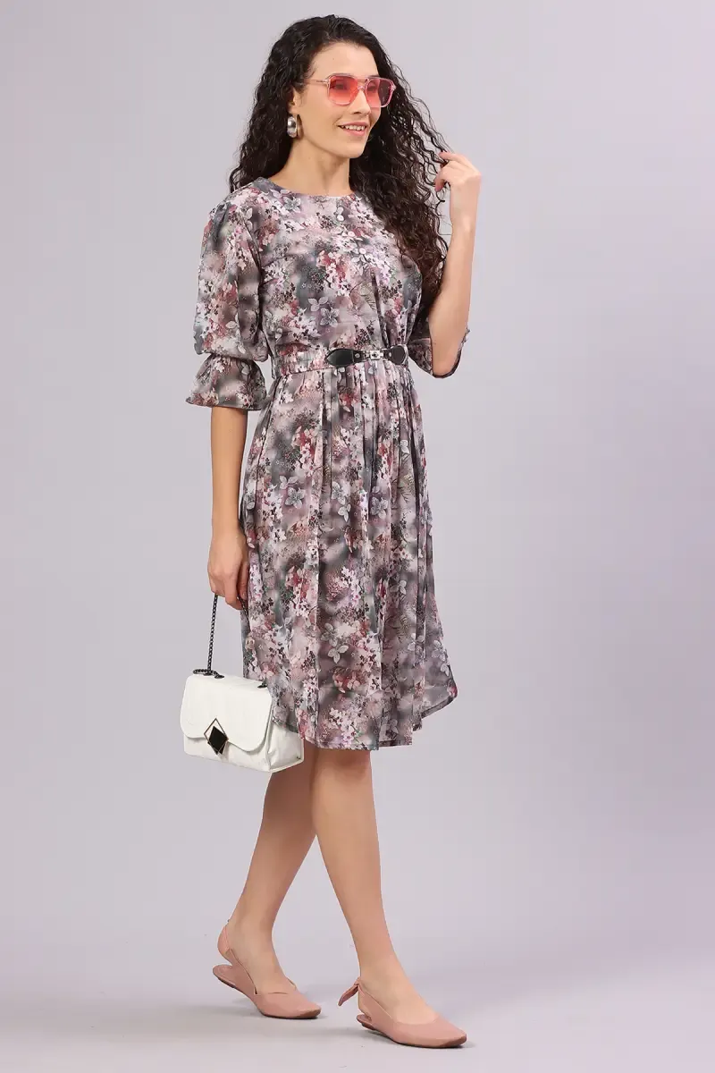Women Georgette Floral Print Dress With Belt
