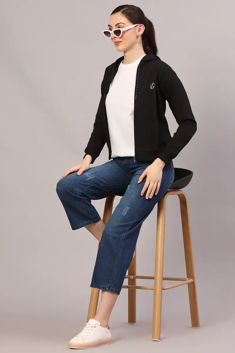 Cotton Solid Zip-Through Hoodie for Women