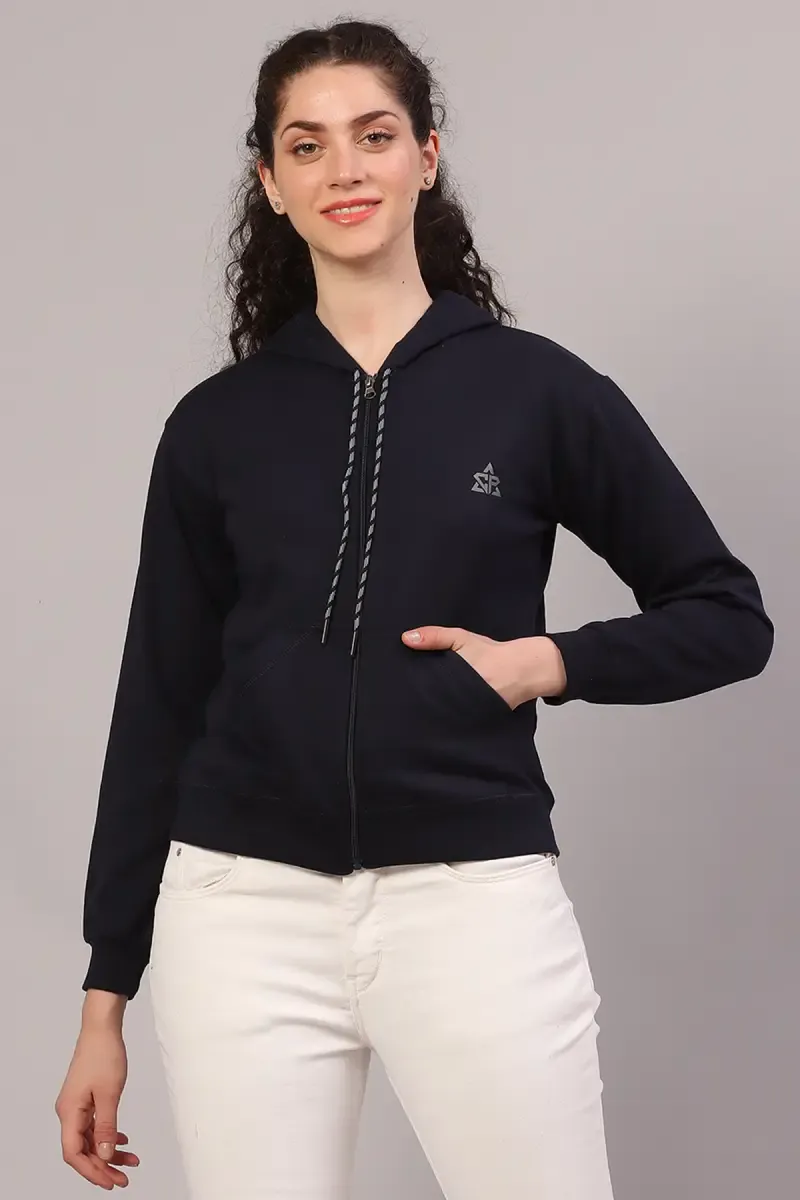 Cotton Lycra Blend Solid Hoodie for Women 016795NAVBLUL